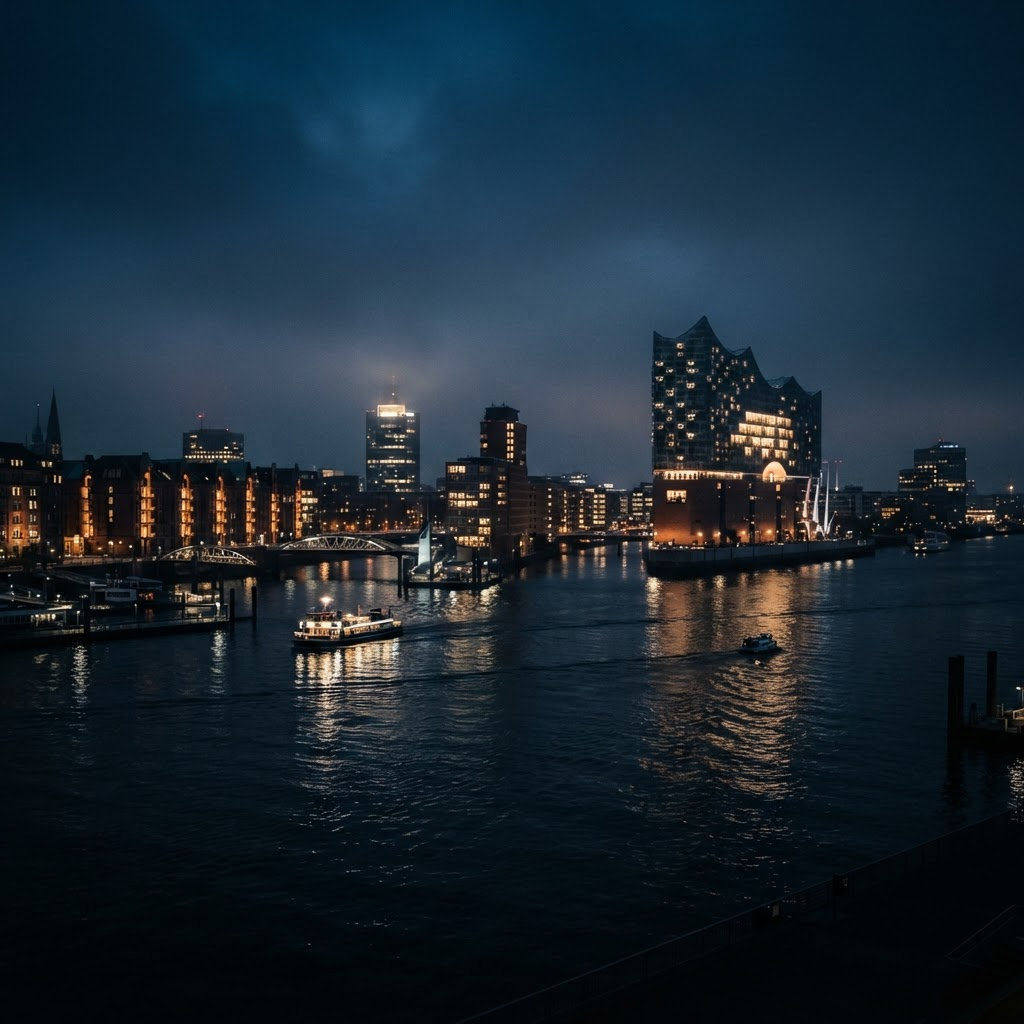 Hamburger Skyline bei Nacht mit Blick auf die Elbphilharmonie und den Hafen